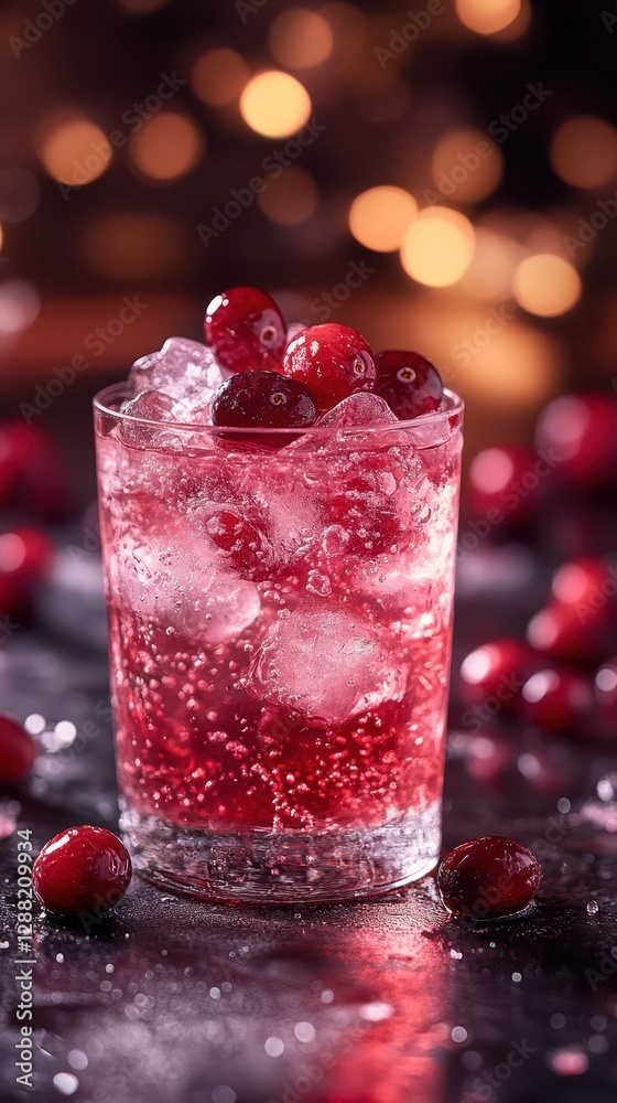 Beverage splash extreme concept. A refreshing drink filled with ice and cranberries, showcasing a vibrant red color against a blurred, festive background. Beverage splash extreme concept. A refreshing drink filled with ice and cranberries, showcasing a vibrant red color against a blurred, festive background.