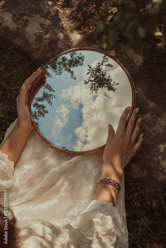 Hands holding a round mirror reflecting blue sky and clouds with tree silhouettes, set against an earthy background with a person in lace clothing. Generative AI
