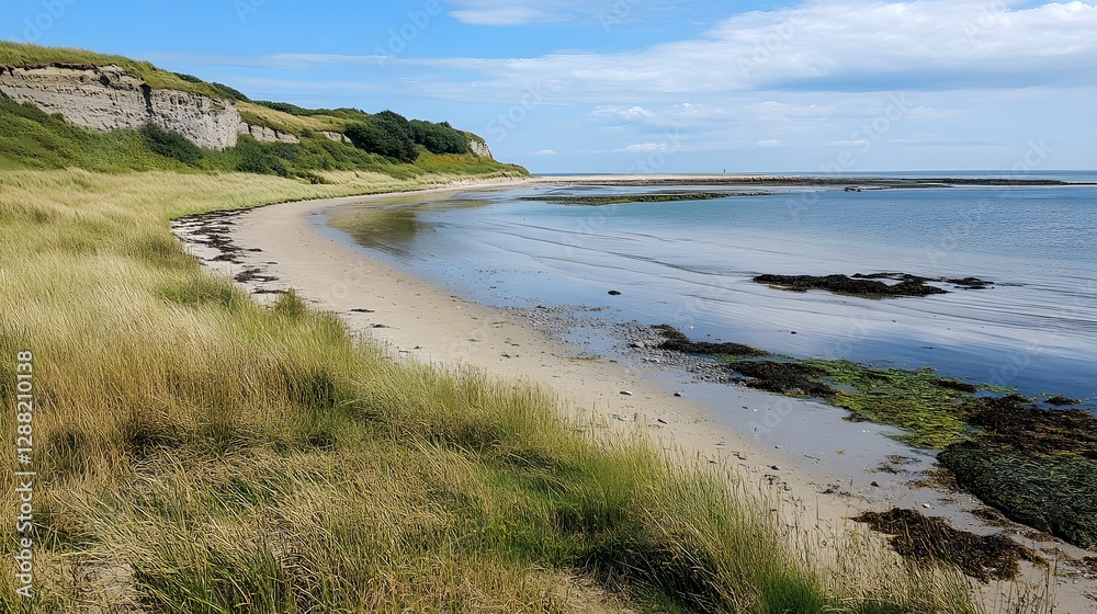 Obraz premium serene coastal landscape with sandy beach and grassy cliffs