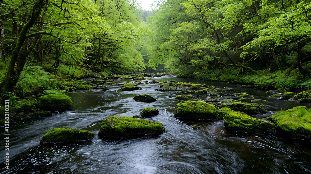 Serene River Flowing Through Mossy Rocks and Lush Green Forest