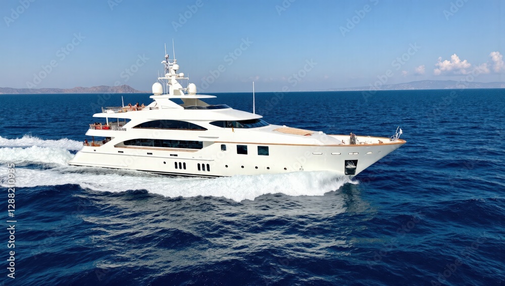 Luxurious Yacht Cruising Through Crystal Clear Waters Under Bright Blue Skies in a Picturesque Coastal Landscape Luxurious Yacht Cruising Through Crystal Clear Waters Under Bright Blue Skies in a Picturesque Coastal Landscape