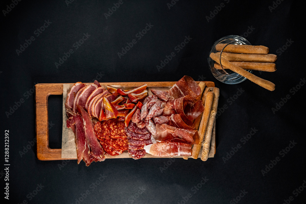 Assorted cured meats including prosciutto, salami, chorizo, and smoked ham with breadsticks in a glass and on a wooden serving board against a black chalkboard background