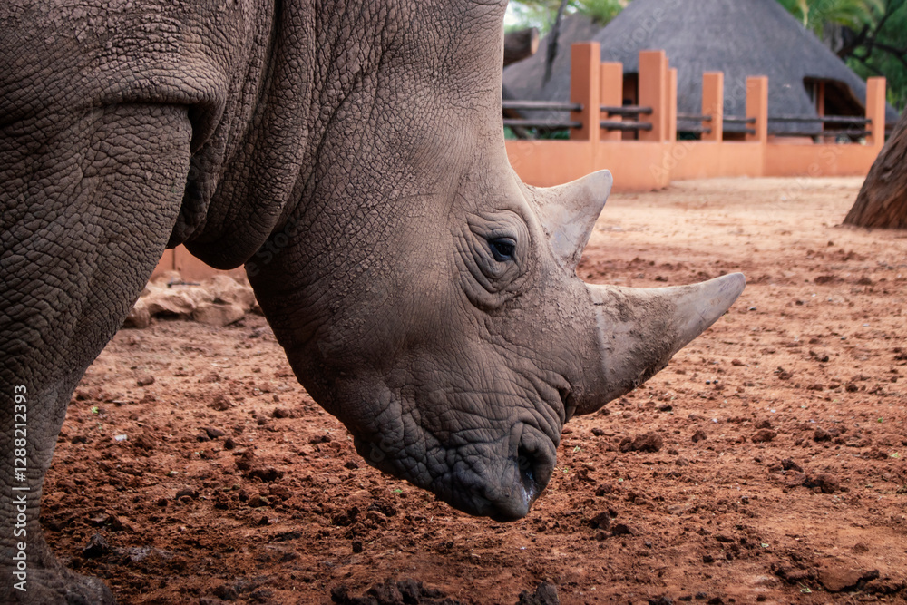 Obraz premium Wild african animals. Portrait of a white Rhino grazing in a National park