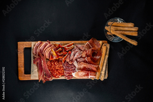 Obraz na płótnie Assorted cured meats including prosciutto, salami, chorizo, and smoked ham with breadsticks in a glass and on a wooden serving board against a black chalkboard background w salonie