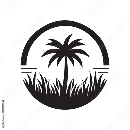 Palm Tree in Grass Logo Icon Vector | Nature & Outdoor Illustration photo