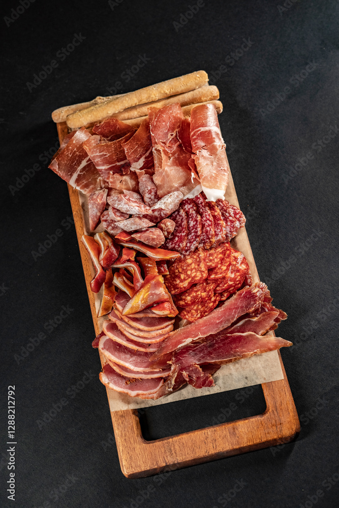 Assorted cured meats including prosciutto, salami, chorizo, and smoked ham with breadsticks on a wooden serving board against a black chalkboard background