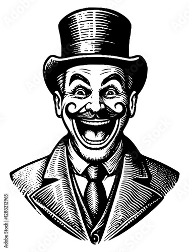 man with a wide, exaggerated laugh, wearing a top hat, suit, and mustache, conveying humor and eccentricity engraving generative ai sketch PNG illustration
