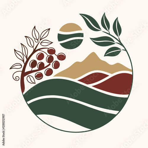 Natural motifs in the logo: mountain landscapes and agricultural symbols

