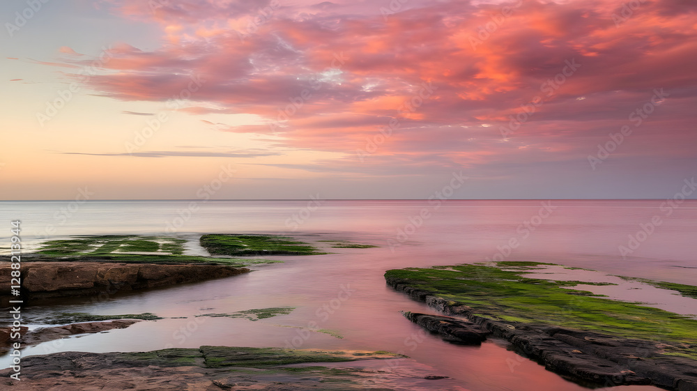 A photo of a coastal view where the sea meets the sky, but the blending of the horizon creates the illusion of an infinite stretch of water and sky. The sky is filled with pink and orange hues during A photo of a coastal view where the sea meets the sky, but the blending of the horizon creates the illusion of an infinite stretch of water and sky. The sky is filled with pink and orange hues during