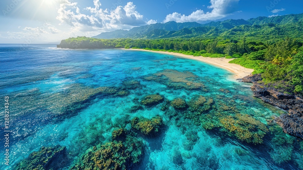 Obraz premium Tropical beach, turquoise water, lush mountains, scenic bay, aerial view, paradise, travel destination