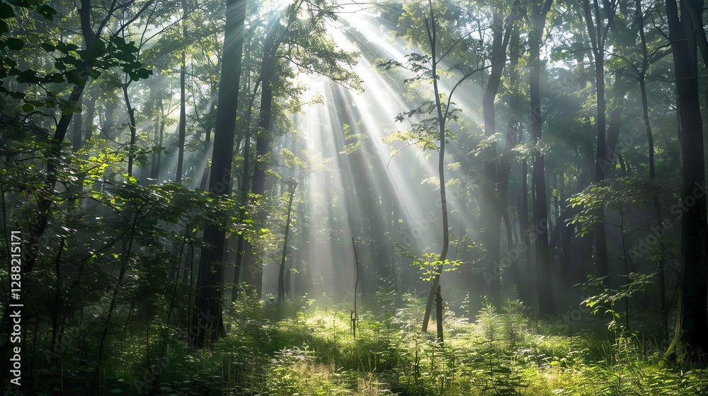 Fototapeta premium A sunbeam shines through the leaves of a lush green forest.