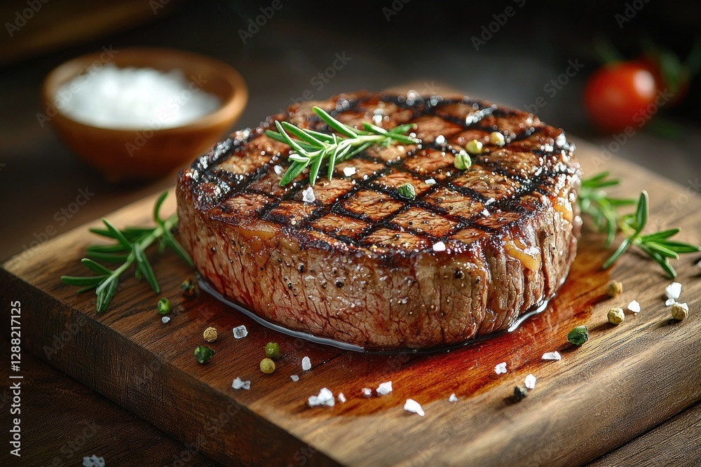 Grilled steak on wood board with salt and rosemary for restaurant menu Grilled steak on wood board with salt and rosemary for restaurant menu