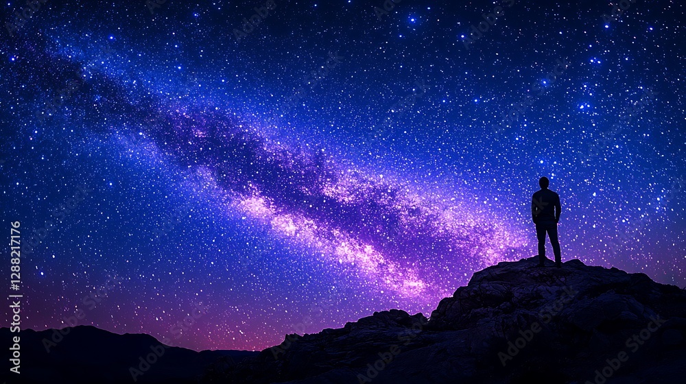 Fototapeta premium Man standing on a hilltop, gazing at the starry night sky, Milky Way in the background, inspiration