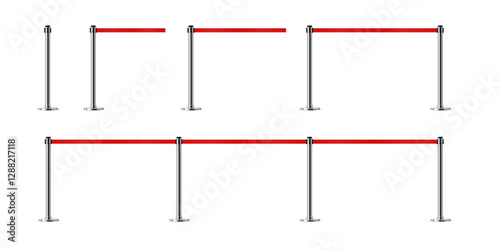 Belt barriers with stanchions and red ropes. Set of security control metal pole posts. Airport entry rails, zone chrome dividers, vip barricades. Realistic vector illustrations.