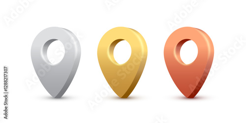 Map pins set. 3D golden, silver and bronze pointers isolated on white background. Location symbols in various angles and colors. Realistic vector illustration.