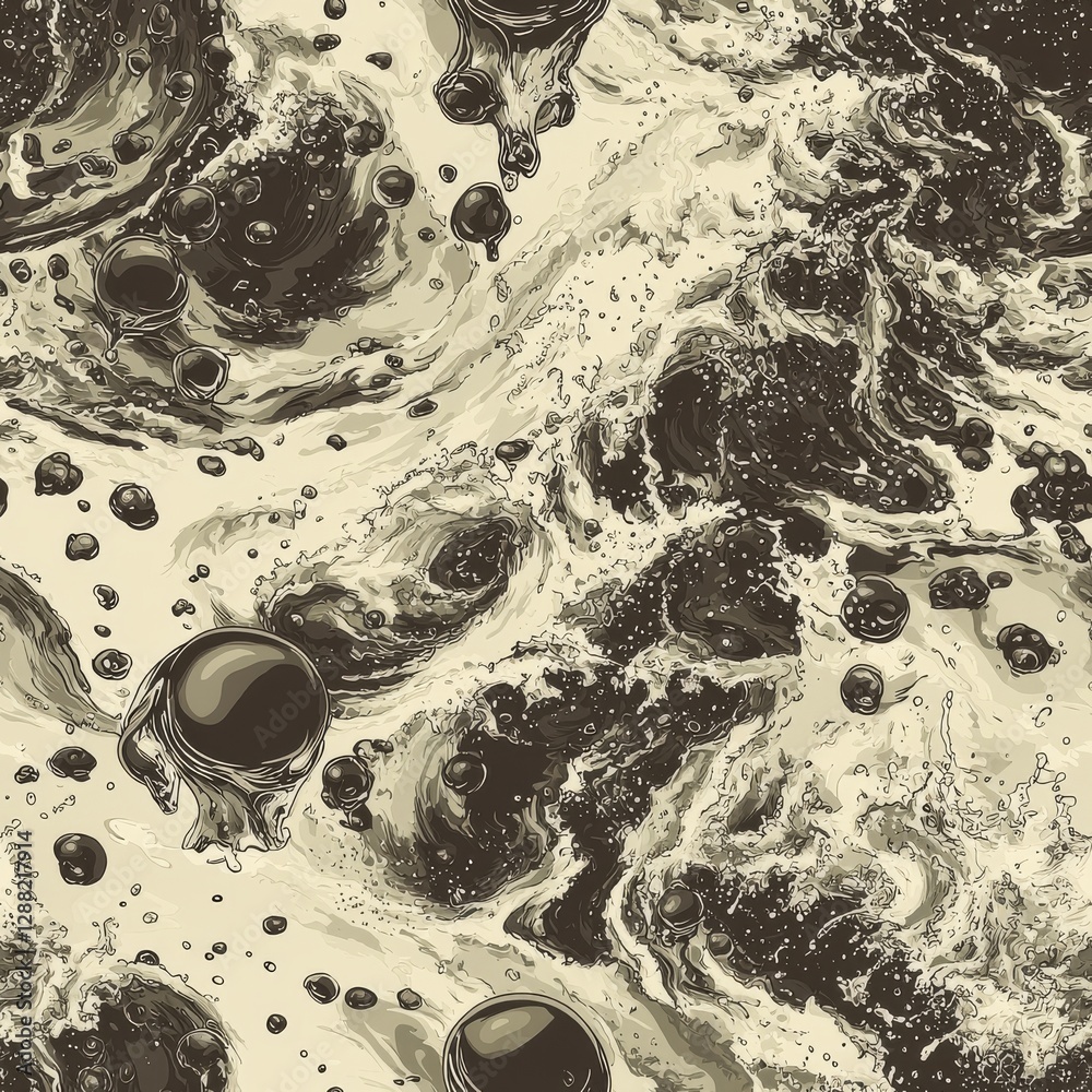 Obraz premium Abstract texture featuring dark bubbles in a swirling liquid pattern.