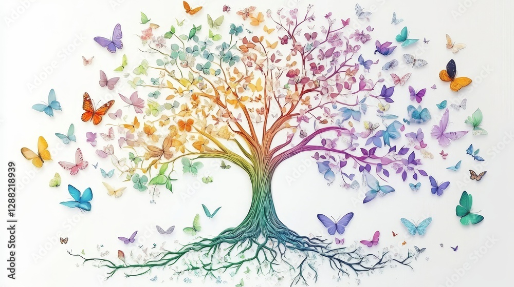 Obraz premium Butterfly Tree Colorful Insect Art on White, nature, fantasy