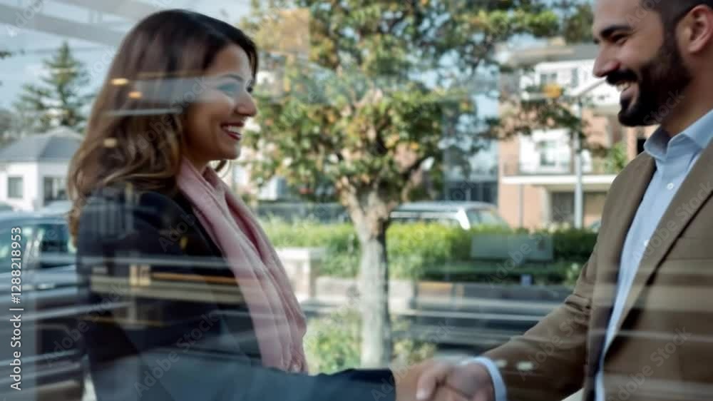Happy couple having a meeting with their real estate agent while men are shaking hands. The view is through glas