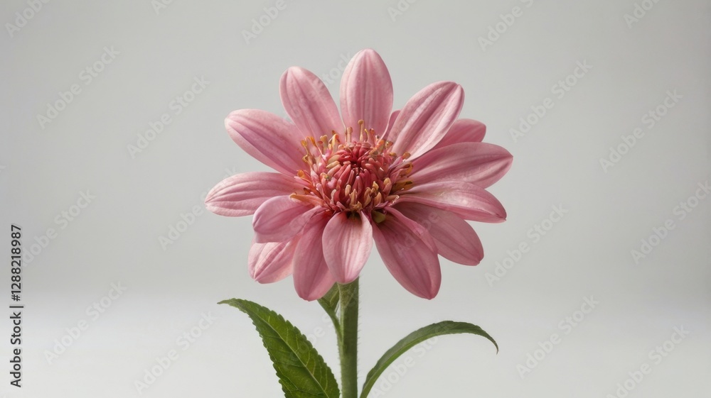 Close Up of a Pink Daisy Flower with Green Stem and Leaves on a White Background in Studio Lighting Close Up of a Pink Daisy Flower with Green Stem and Leaves on a White Background in Studio Lighting