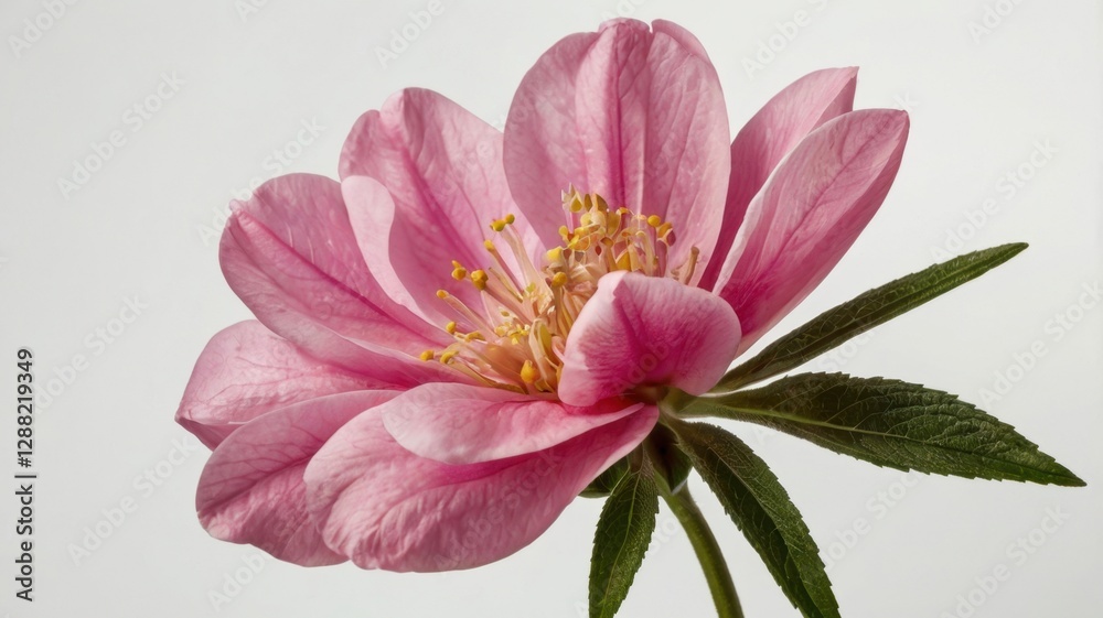 Obraz premium Detailed Pink Flower Blossom with Yellow Pistils Against a White Background in Studio Lighting