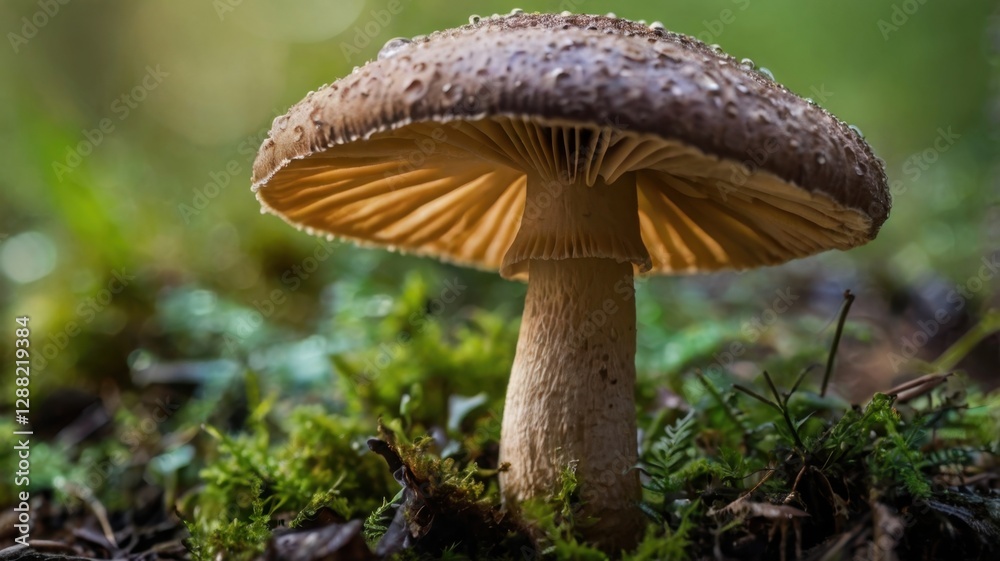 Fototapeta premium Detailed Macro Photograph of a Wild Brown Mushroom Growing on Mossy Ground in Natural Light