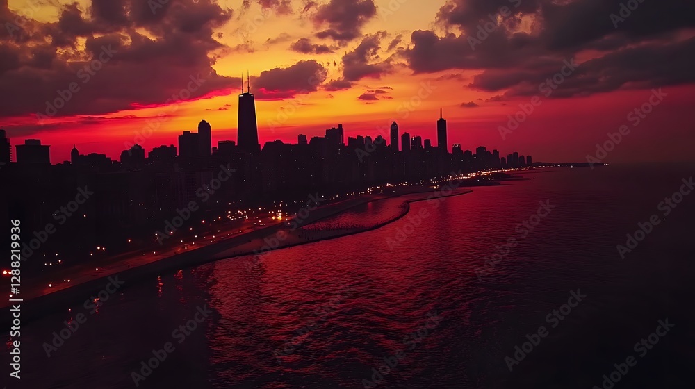 Obraz premium chicago skyline sunset aerial view