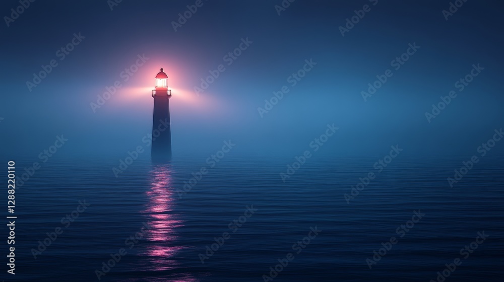 Fototapeta premium As night falls, the lighthouse on the coast emits a radiant light, highlighting the wavy blue ocean and stone mountains, capturing the essence of a beautiful summer sunset