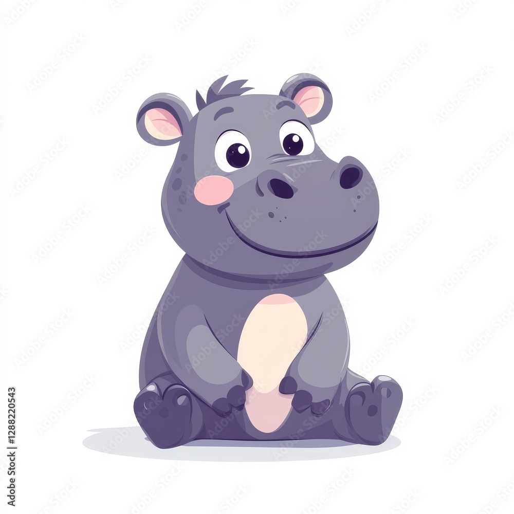 In a naive style, a cute baby hippo stands in side view, depicted in a flat illustration on a white background In a naive style, a cute baby hippo stands in side view, depicted in a flat illustration on a white background