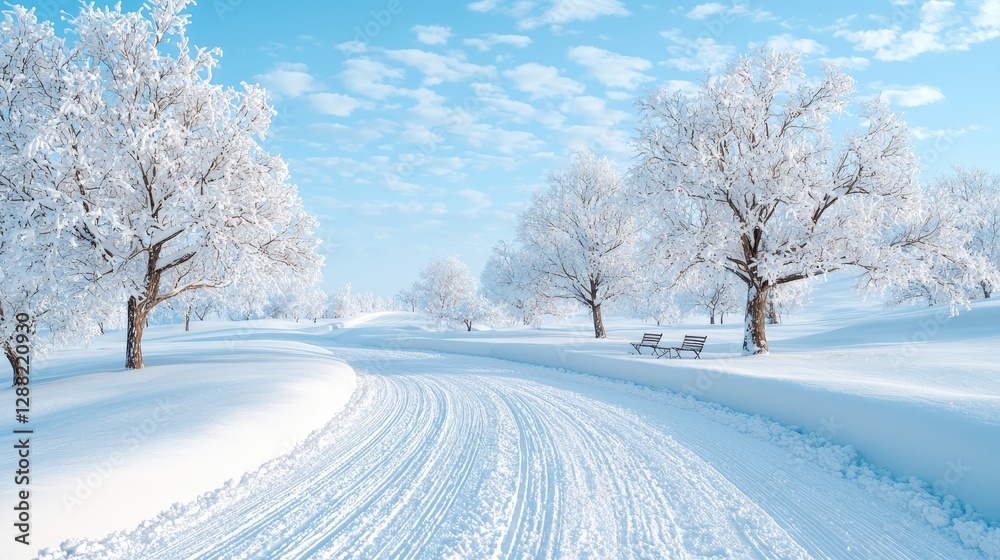 Snowy path, winter park, benches, blue sky, peaceful scene, holiday card Snowy path, winter park, benches, blue sky, peaceful scene, holiday card