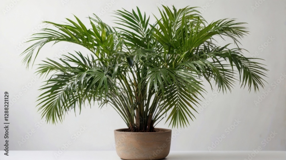 Fototapeta premium Vibrant Areca Palm Plant in Beige Pot Against White Backdrop A Lush Green Indoor Decoration for Home and Office Spaces Bringing a Touch of Nature