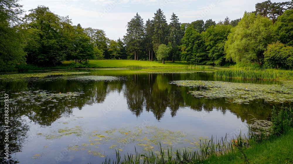Serene Pond Reflection in a Lush Green Park Serene Pond Reflection in a Lush Green Park