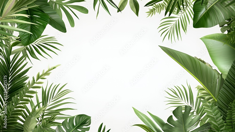 Fototapeta premium Lush Green Tropical Leaves Frame on White Background