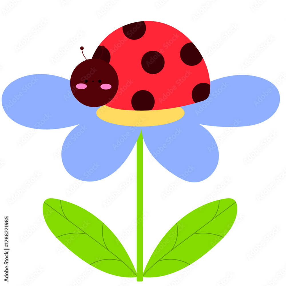 Naklejka premium cute ladybug sitting on flower, adorable insect flat vector illustration