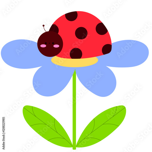 cute ladybug sitting on flower, adorable insect flat vector illustration