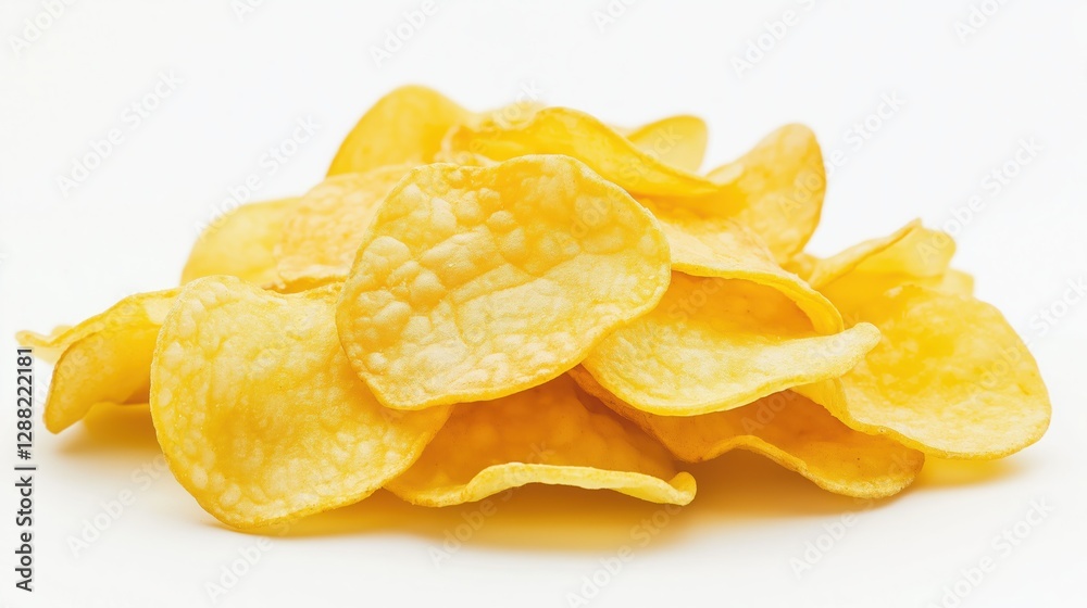 A stack of delicious, crispy potato chips isolated on a white background. A stack of delicious, crispy potato chips isolated on a white background.