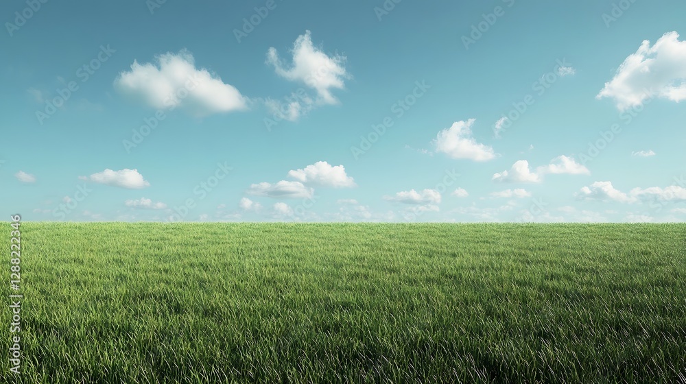 Obraz premium serene green field under blue sky with fluffy clouds