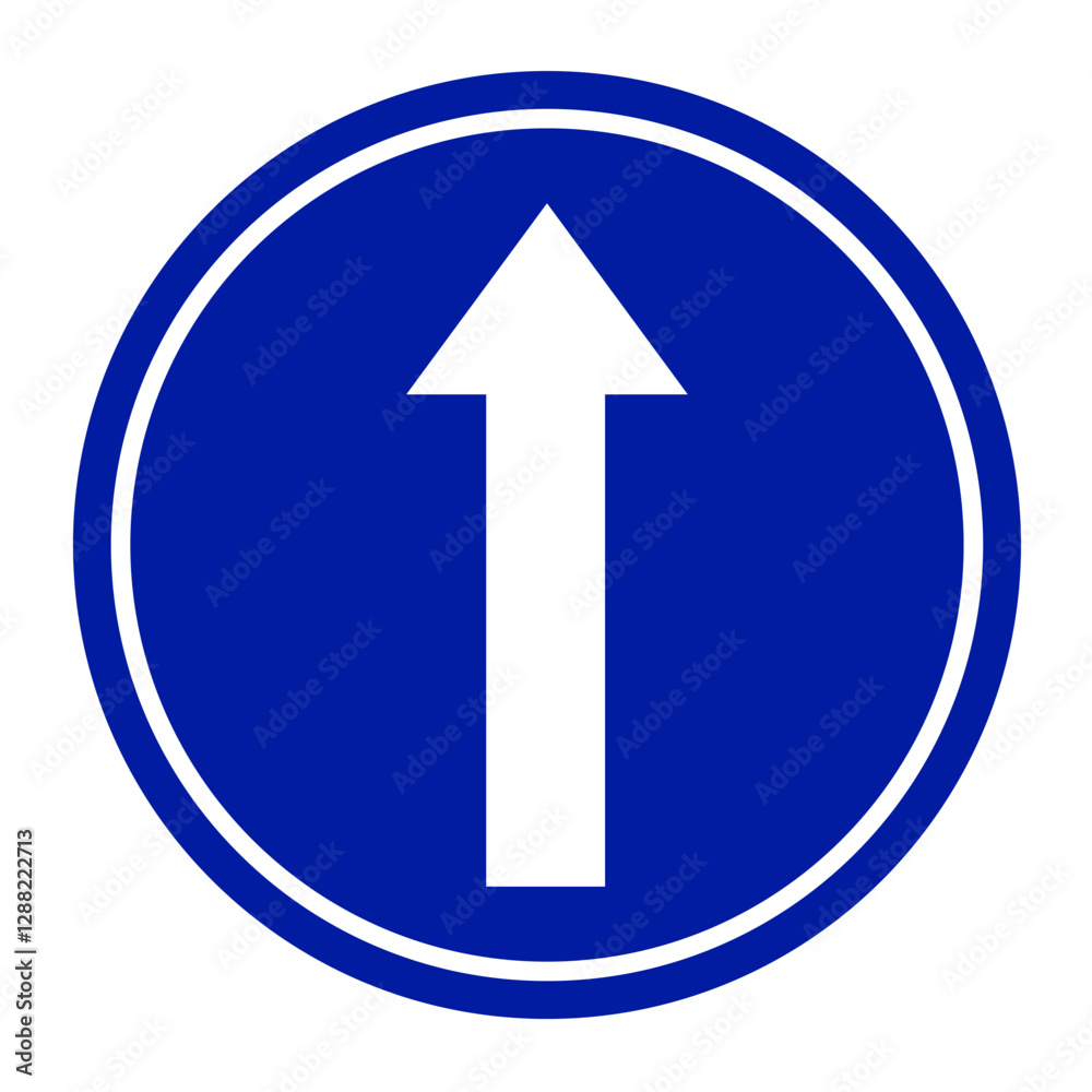white arrow on a blue circle background. road sign for straight ahead road.