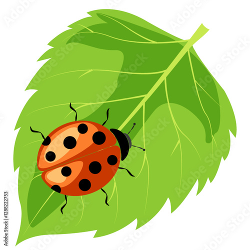 Ladybug resting on a vibrant green leaf under a clear blue sky in a serene garden setting