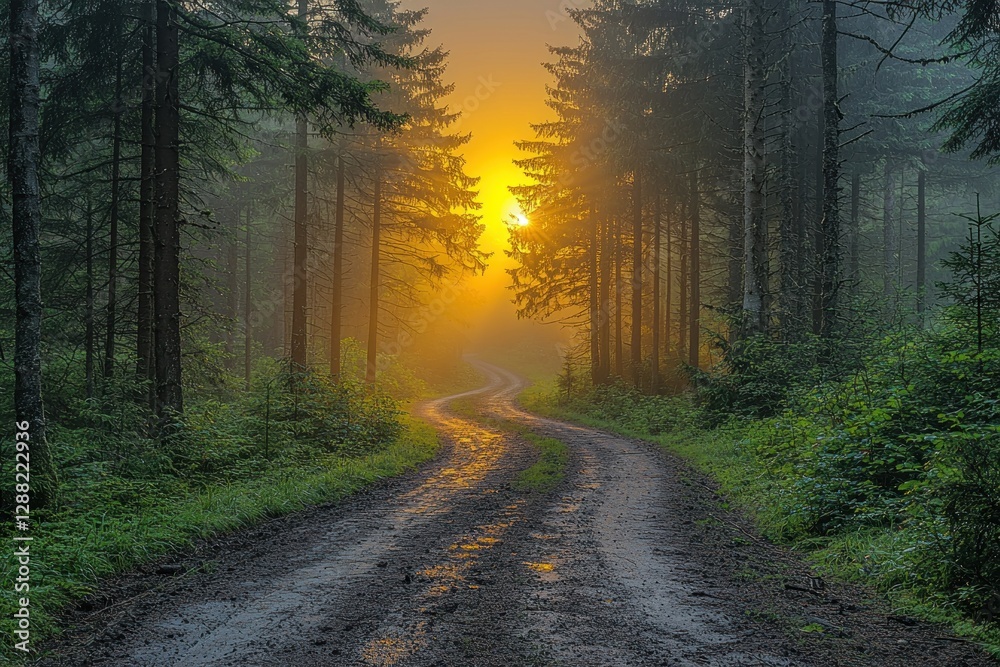 Fototapeta premium Sunrise path through misty forest