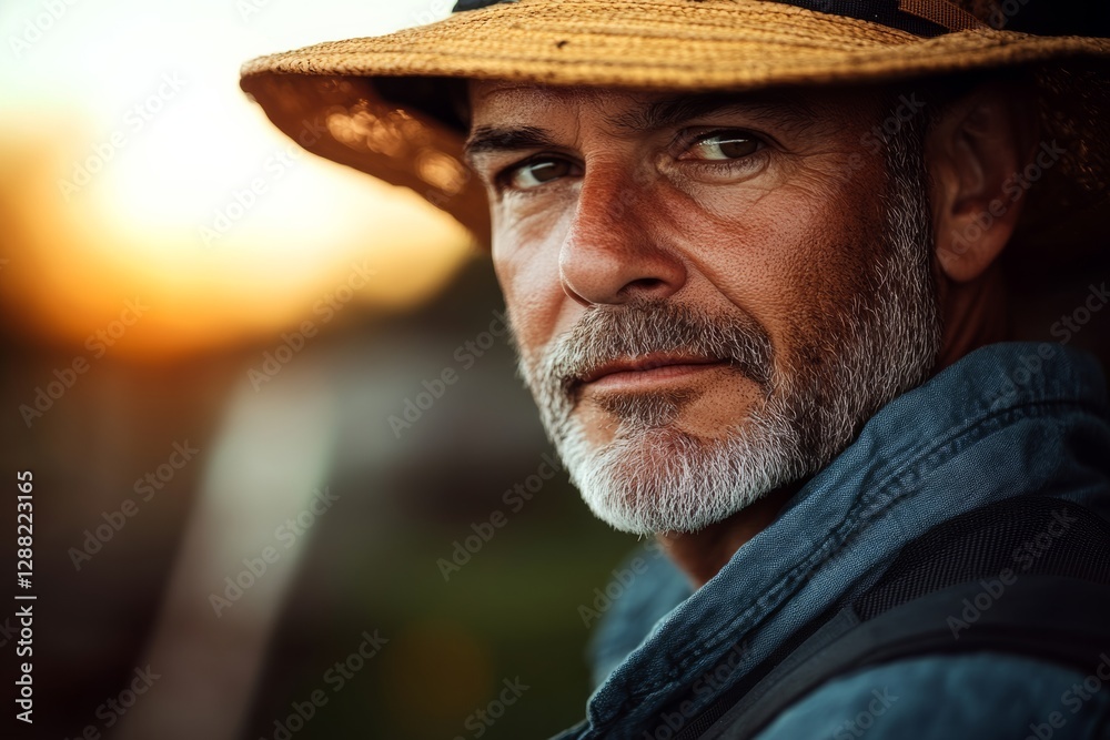 Man with a straw hat and a beard is standing in front of a fence. He is wearing a blue shirt and a blue hat Man with a straw hat and a beard is standing in front of a fence. He is wearing a blue shirt and a blue hat