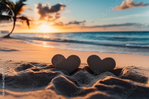 Two hearts are placed on the sand at the beach. The sun is setting in the background, creating a warm and romantic atmosphere