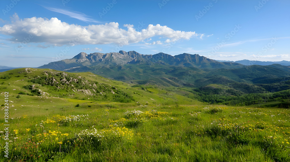Panoramic View of Lush Green Meadow and Mountain Range Under a Blue Sky Panoramic View of Lush Green Meadow and Mountain Range Under a Blue Sky