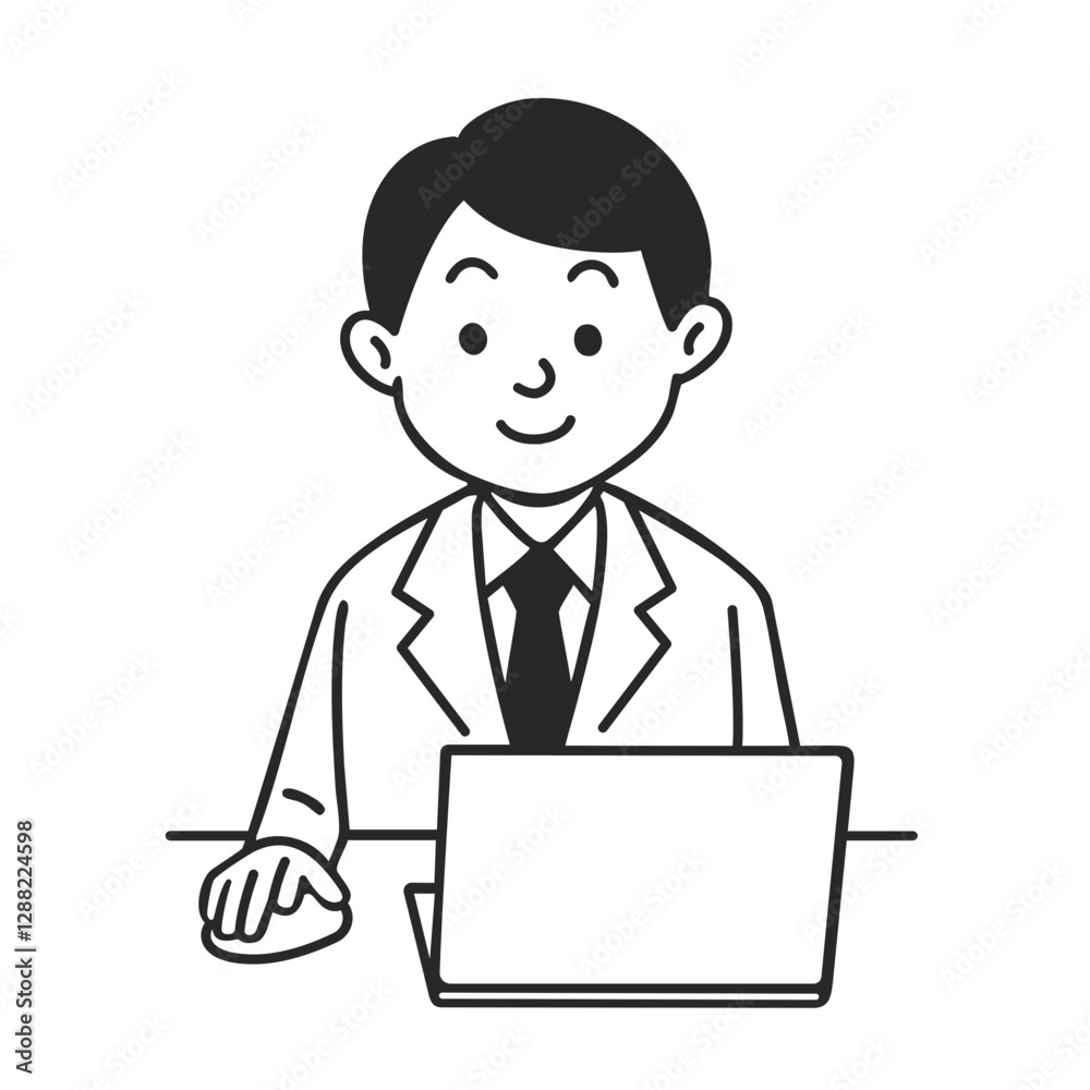 Cartoon businessman using a laptop, symbolizing work. Cartoon businessman using a laptop, symbolizing work.