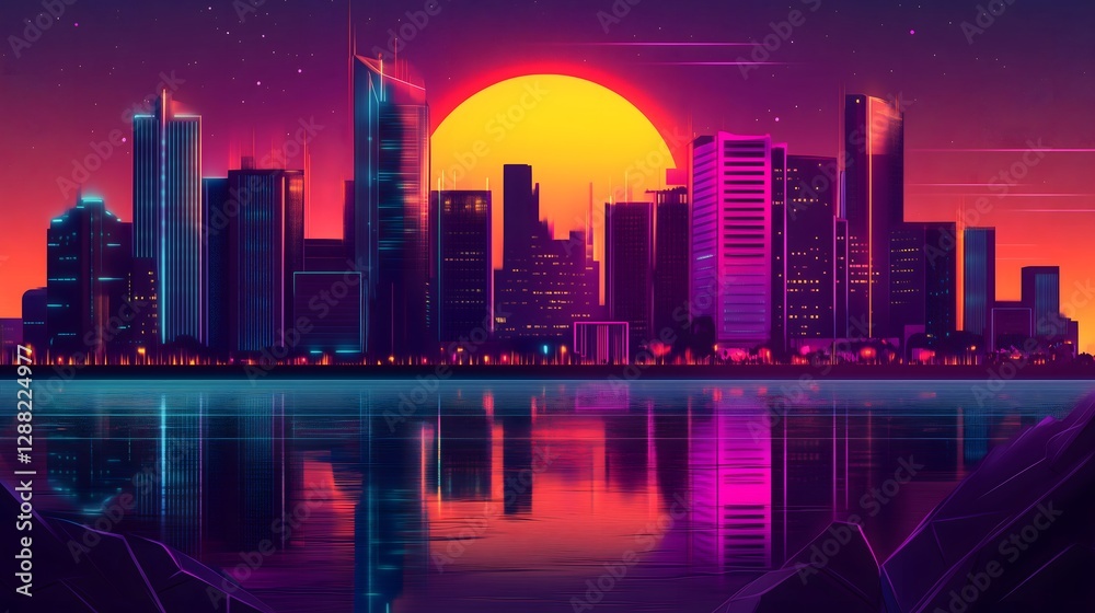 Obraz premium Vibrant neon colored retrowave illustration of a sunrise and a cityscape