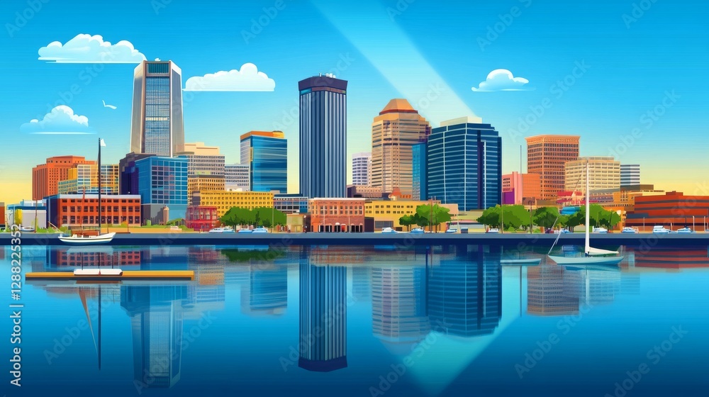 Obraz premium Baltimore skyline silhouette with reflection in the water. Urban landscape of Baltimore, Maryland, featuring iconic buildings and landmarks in vector illustration.