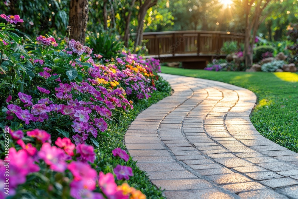 Serene path winds through lush garden, sunset glows, bridge in background Serene path winds through lush garden, sunset glows, bridge in background