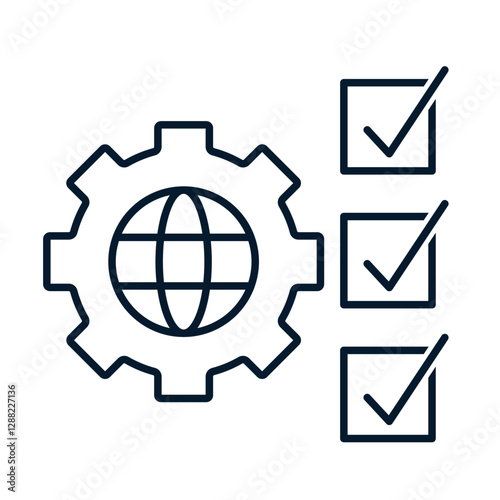 The concept of a data processing center, global solution, international business. Vector linear icon isolated on white background.