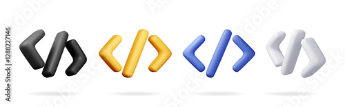 3d set of code icon isolated on white. Render collection of computer software language symbol. Computer programming language. Web development code interface sign. Coding tag. Vector illustration