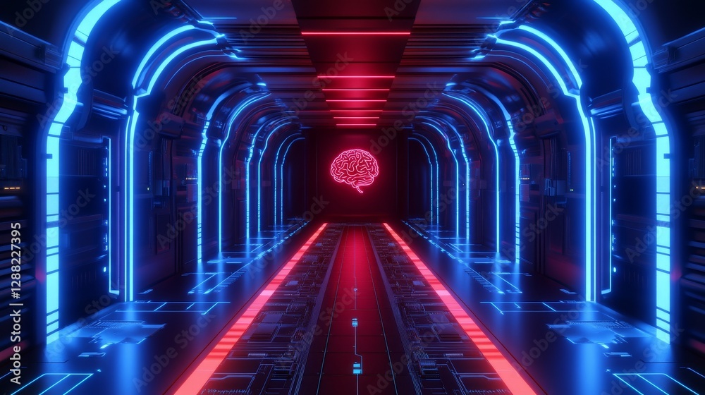 Obraz premium A neon-lit digital technology circuit board with an AI brain chip CPU inside a computer, featuring a vibrant blue futuristic glow, symbolizing an abstract connection concept for a background idea