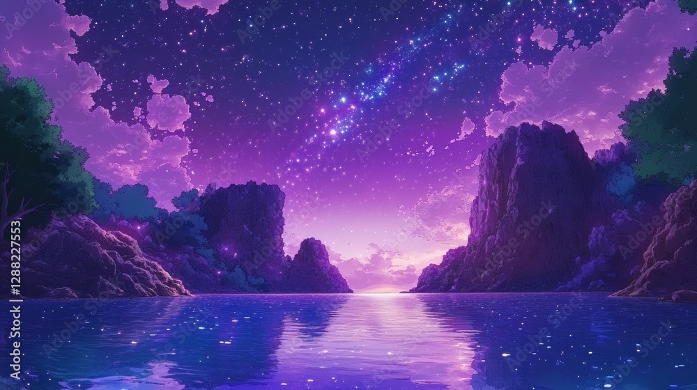 Fototapeta premium An illustration showcasing a night sky with stars above mountains. A cartoon background featuring a starry galaxy universe. A dreamy space cosmos wallpaper in colorful, bright, and fresh blue fantasy